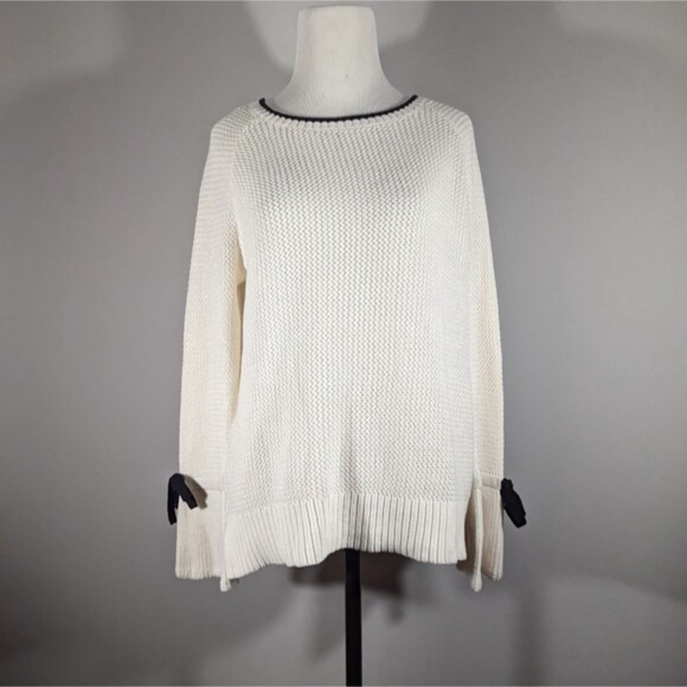 Loft Womens Cream‎ Flare Sleeves With Black Bow Sweater Sz S Coquette Preppy